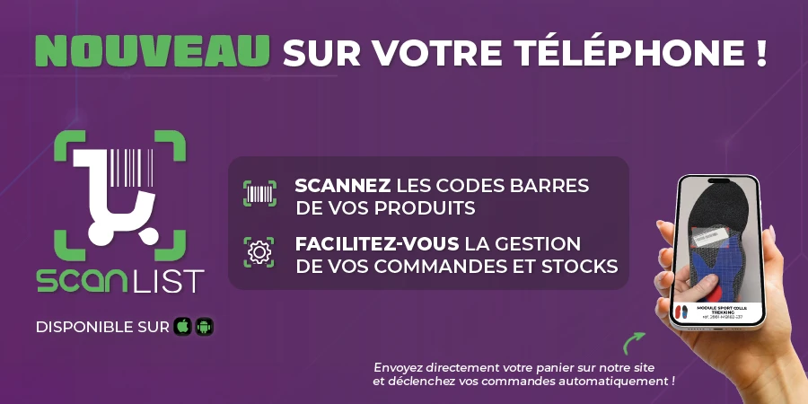 L'image d'une main tenant un téléphone en train de scanner un code barre. Nouveau sur le téléphone, l'application Scanlist disponible sur Apple et Android. Scannez et facilitez-vous la gestion de vos commandes et stocks.