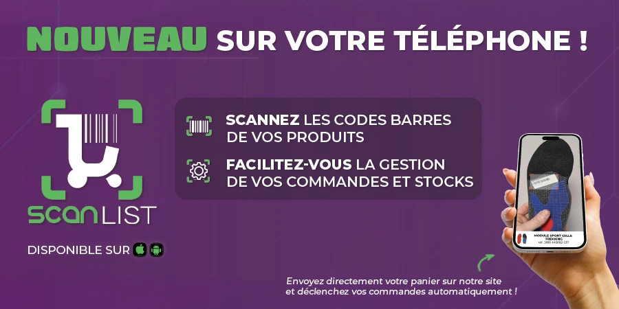 L'image d'une main tenant un téléphone en train de scanner un code barre. Nouveau sur le téléphone, l'application Scanlist disponible sur Apple et Android. Scannez et facilitez-vous la gestion de vos commandes et stocks.