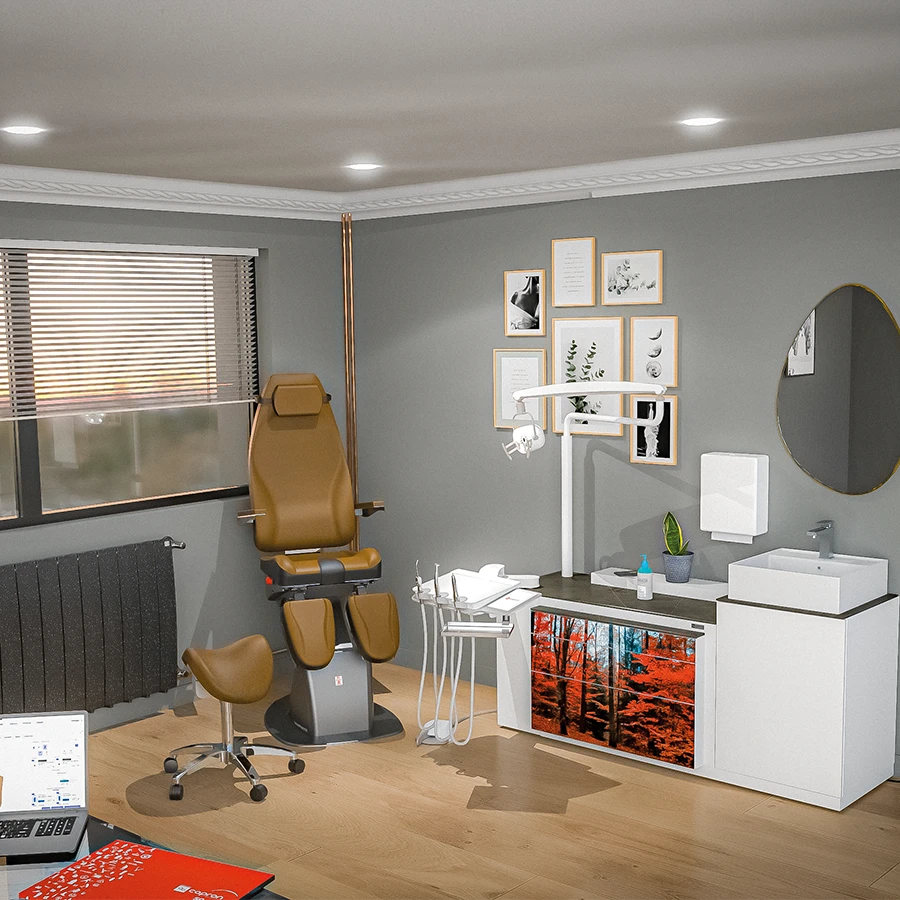 Un cabinet de podologie avec un fauteuil patient, un siège praticien, un unit avec vasque personnalisé et un bureau à gauche avec un ordinateur et un catalogue capron posés dessus.
