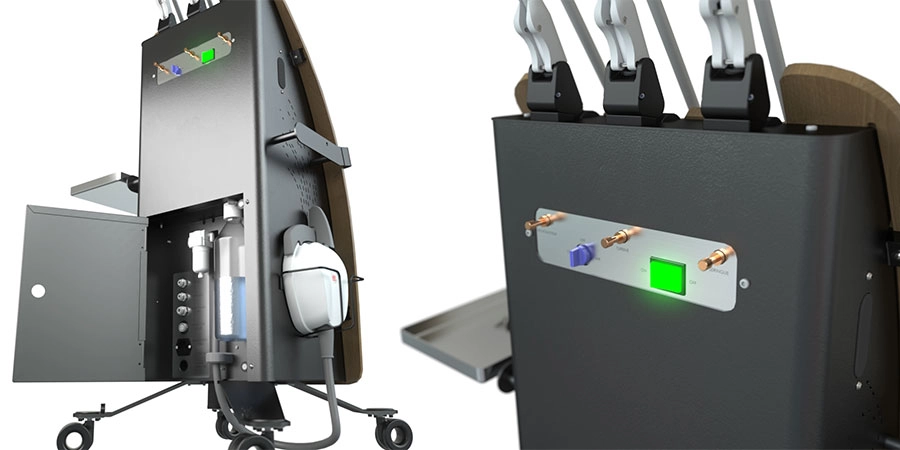 Console de pédicurie Mobi vue en contre plongée avec le rangement de la pédale et les boutons de réglages à l'arrière