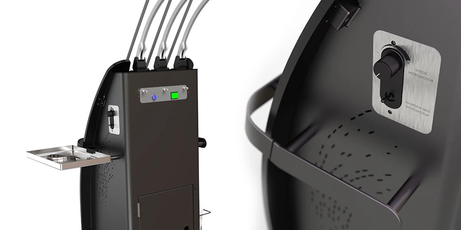 Console de pédicurie Mobi vue de trois quart arrière avec plateau support instrument et avec un zoom sur la poignée et le réglage de la vitesse