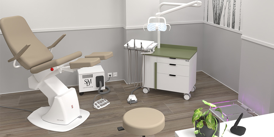 simulation 3D d'un cabinet de pédicurie-podologie avec unit de soins modulo