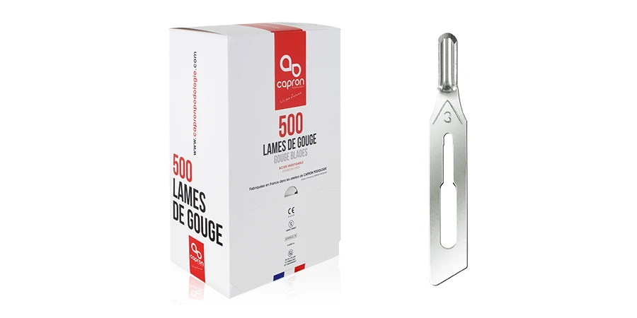 zoom sur une boîte de 500 lames de gouge et une lame en exemple