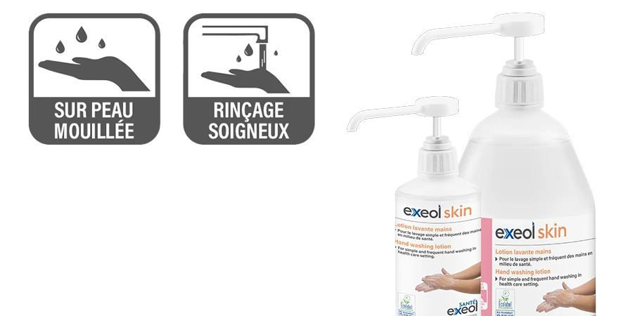 zoom sur les bidons d'Exeol Skin lotion lavante en 500ml et 1L