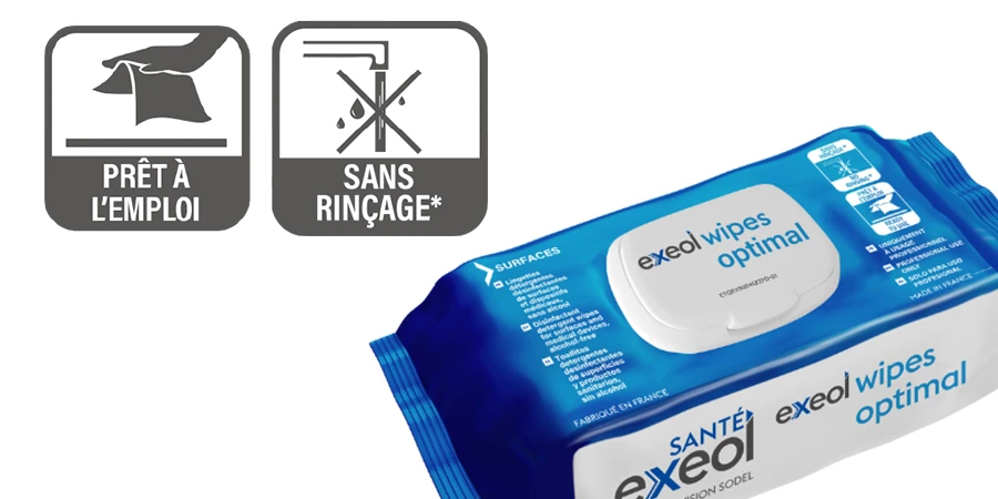 zoom sur la boîte de lingettes Exeol Surf Optimal prête à l'emploi