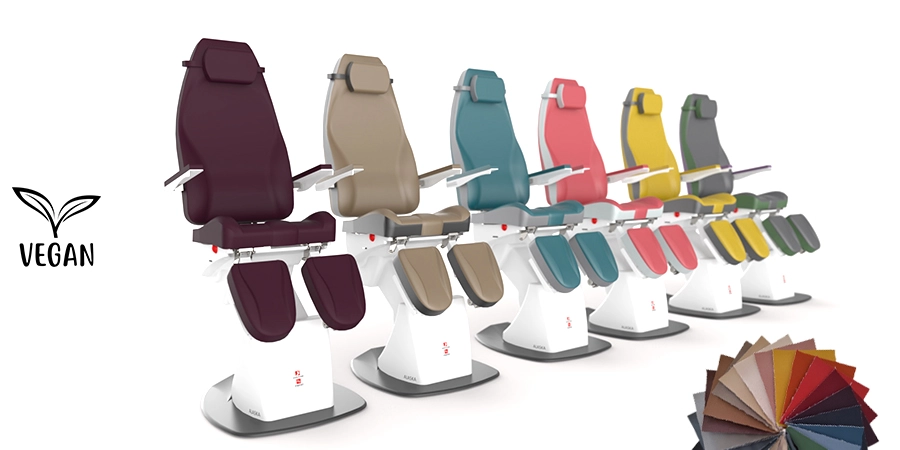 6 fauteuils Alaska, base blanche, sellerie vegan mure, beige, bleu vert et gris,rose et grise, jaune et grise, grise