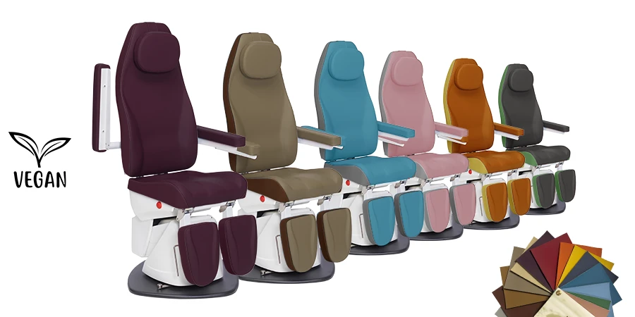 6 fauteuils Alaska, sellerie vegan aubergine, bois de sental et chocolat, bleu pétrole et gris foncé, vieux rose et gris clair, mangue et miel, gris et vert