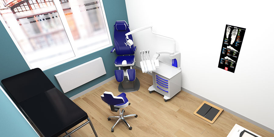 simulation 3D d'un cabinet de podologie avec un unit de soins deneb
