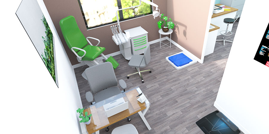 unit de soins lunar dans une simulation 3D de cabinet de pédicurie podologie