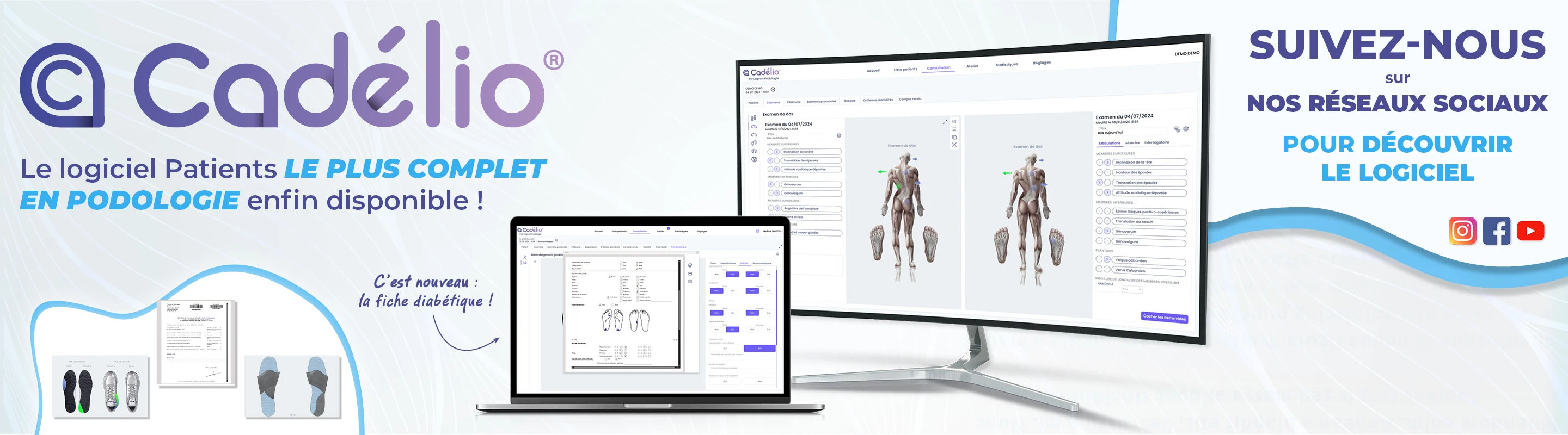 À gauche le logo Cadélio et son slogan, au milieu deux ordinateurs avec des images du logiciel et à droite suivez nous sur nos réseaux sociaux