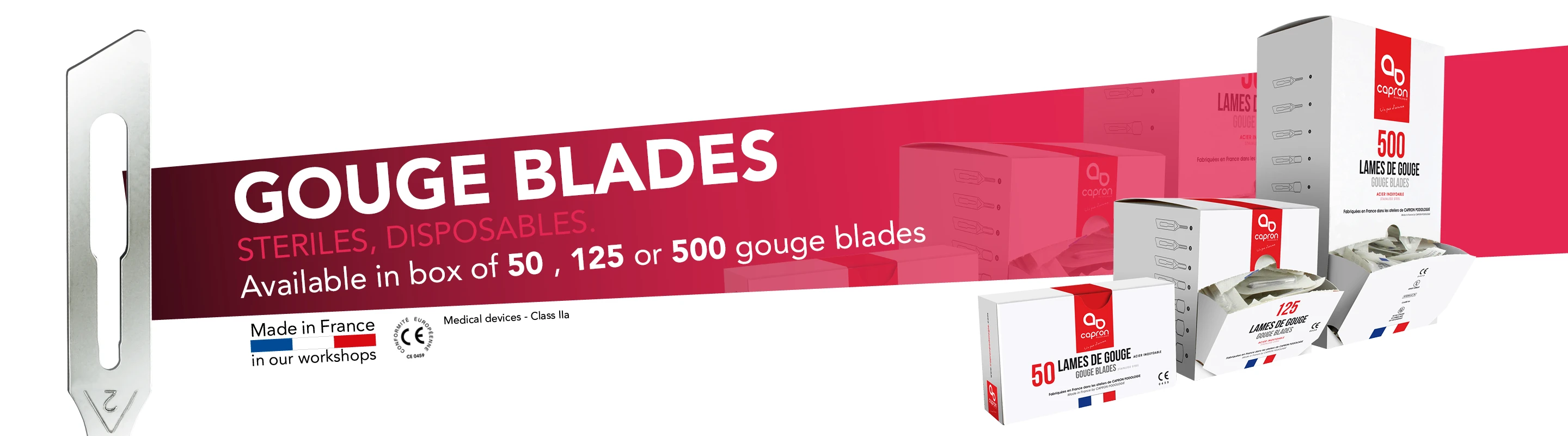 A close-up of gouge blade number two, with three boxes of blades on display and the text 'Gouge blades steriles disposables available'.