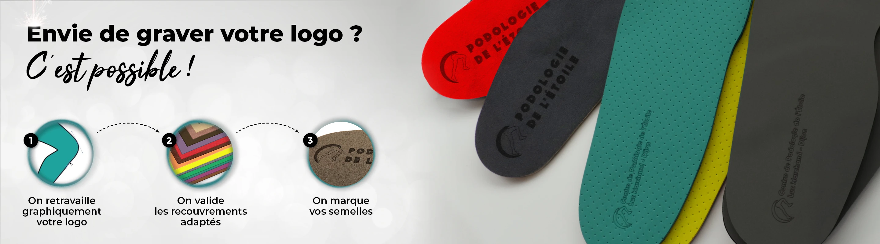 Le texte "Envie de graver votre logo ? C'est possible". 5 semelles gravées de différentes couleurs sur la droite avec les étapes du gravage sur la gauche.